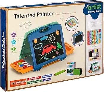 2-in-1 Drawing Board for Kids | Double-Sided Whiteboard & Blackboard | Sketch Pens, Chalk, Duster, Games