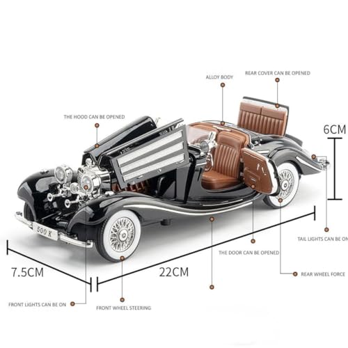 1:24 Scale Mercedes-Benz 500K Diecast Model Car – Collector’s Luxury Edition with Functional Features & Working Lights | Pull Back (Assorted Colors)