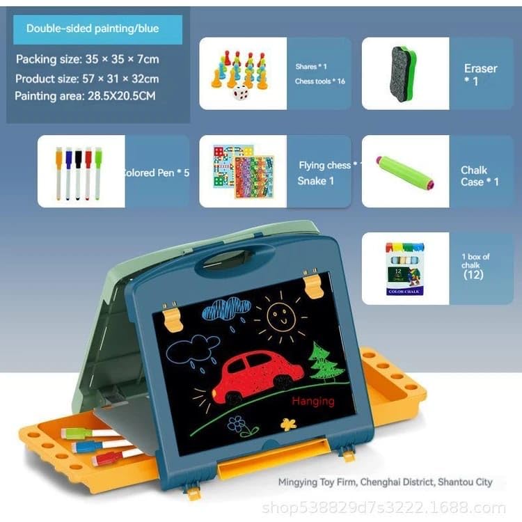 2-in-1 Drawing Board for Kids | Double-Sided Whiteboard & Blackboard | Sketch Pens, Chalk, Duster, Games