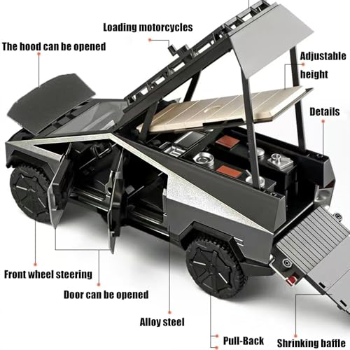 Cyber Truck Toy Trucks Alloy Diecasting Model Pickup Truck 1/24 Toy Race Car with Motorcycle -Multi-Level Camping Display Ideal Gift Age for 6 Year Up
