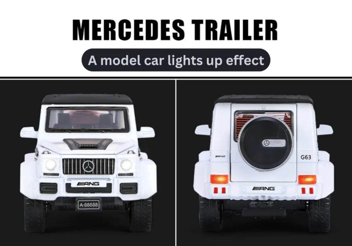 Mercedes-Benz G Wagon with Pick-UP Trailer 1:32 DIECAST Metal Pullback Toy CAR with OPENABLE Doors & Light, Music - Toy Rush