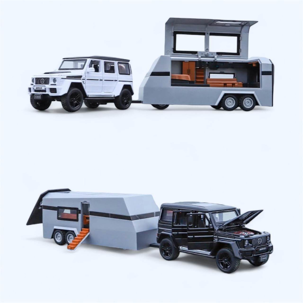 Mercedes-Benz G Wagon with Pick-UP Trailer 1:32 DIECAST Metal Pullback Toy CAR with OPENABLE Doors & Light, Music - Toy Rush