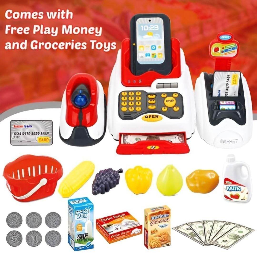 Supermarket Cash Register for Kids with Checkout Scanner and Food and more, Pretend Play Set - Toy Rush