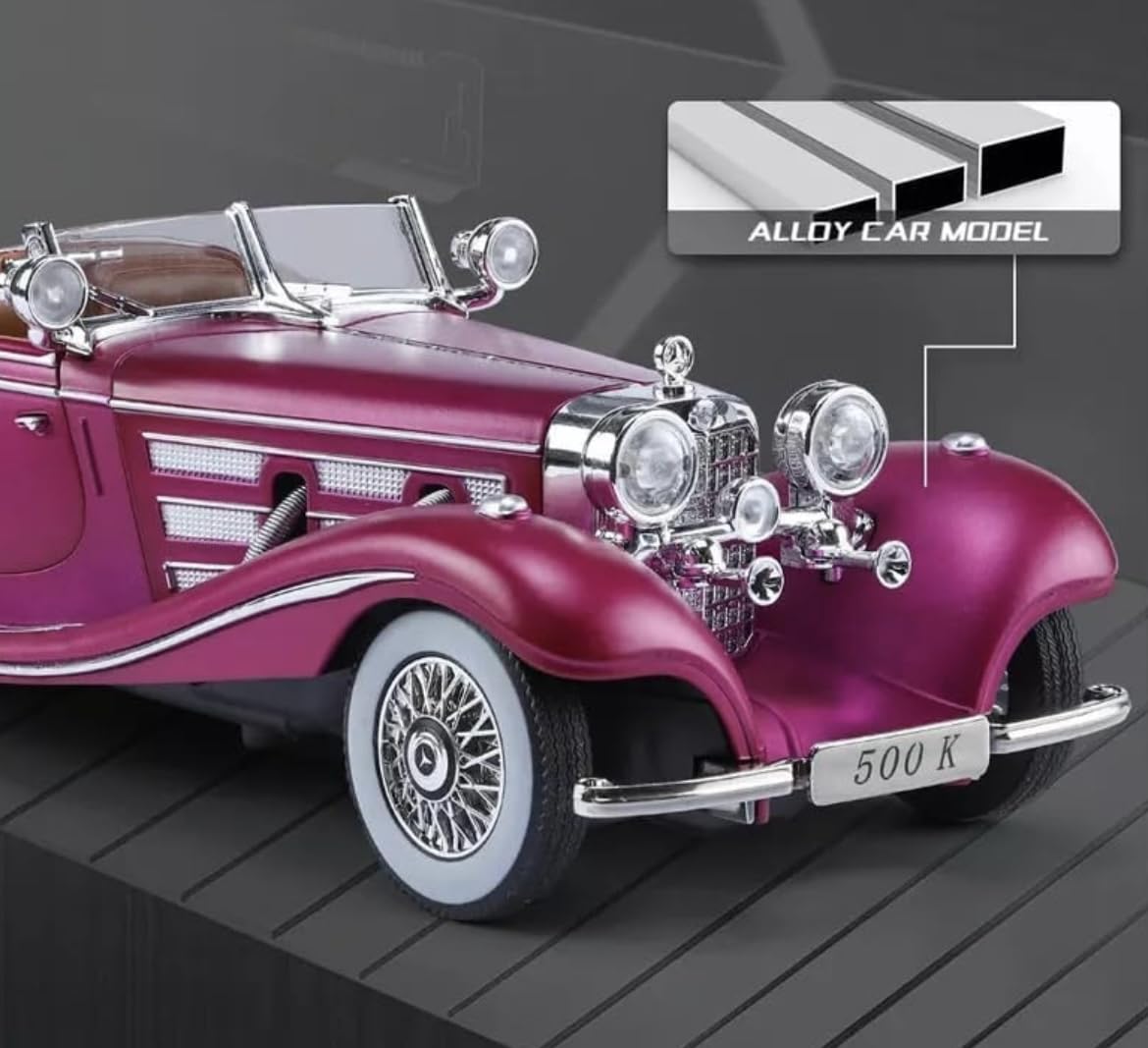 1:24 Scale Mercedes-Benz 500K Diecast Model Car – Collector’s Luxury Edition with Functional Features & Working Lights | Pull Back (Assorted Colors)