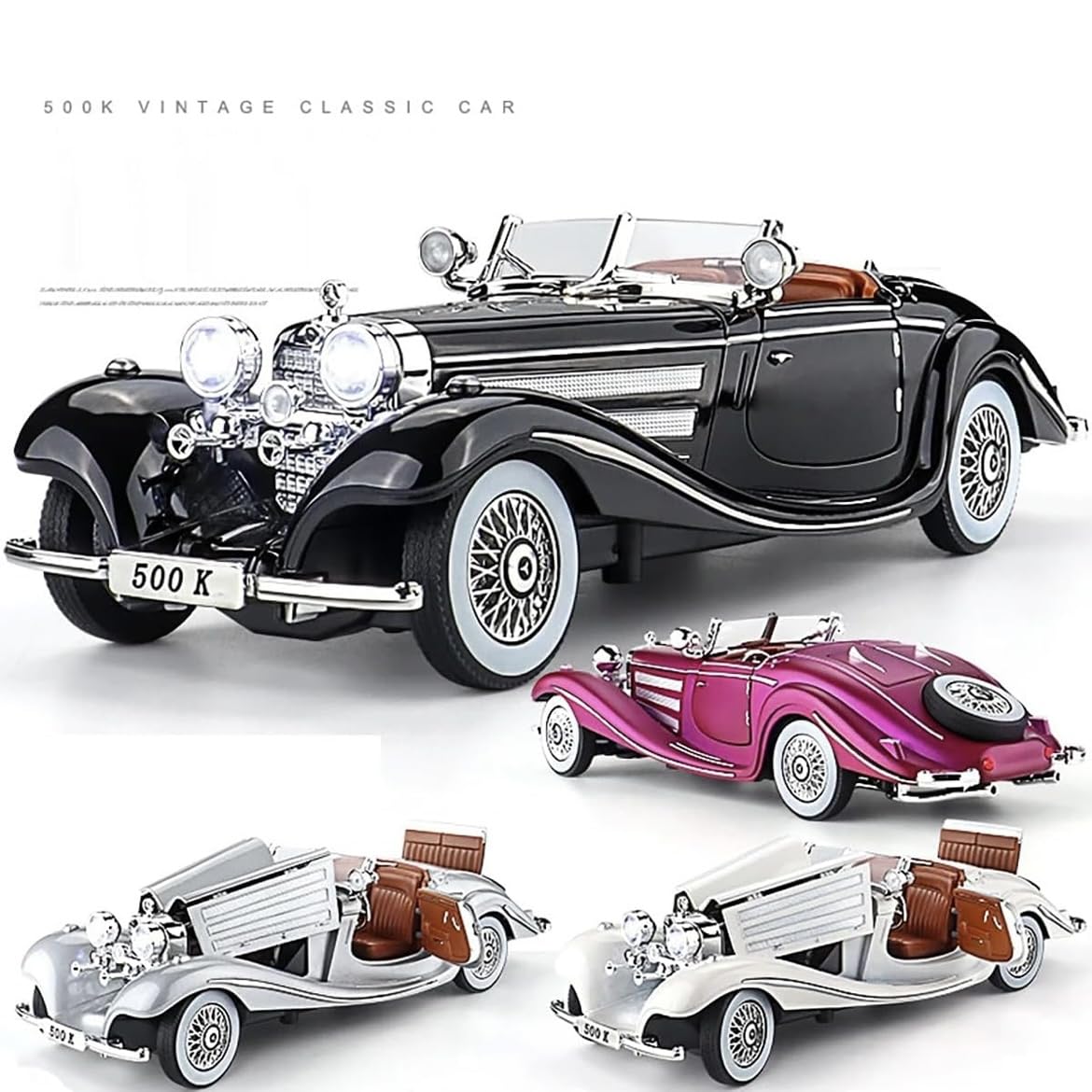 1:24 Scale Mercedes-Benz 500K Diecast Model Car – Collector’s Luxury Edition with Functional Features & Working Lights | Pull Back (Assorted Colors)