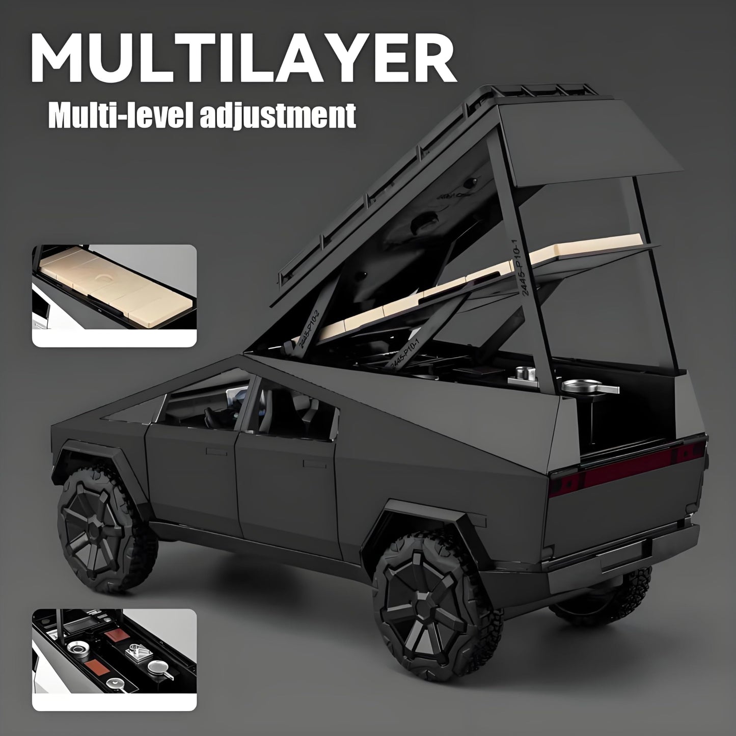 Cyber Truck Toy Trucks Alloy Diecasting Model Pickup Truck 1/24 Toy Race Car with Motorcycle -Multi-Level Camping Display Ideal Gift Age for 6 Year Up