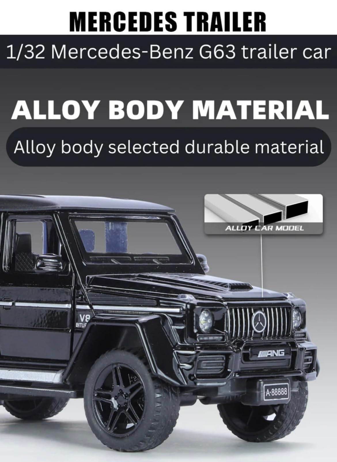 Mercedes-Benz G Wagon with Pick-UP Trailer 1:32 DIECAST Metal Pullback Toy CAR with OPENABLE Doors & Light, Music - Toy Rush