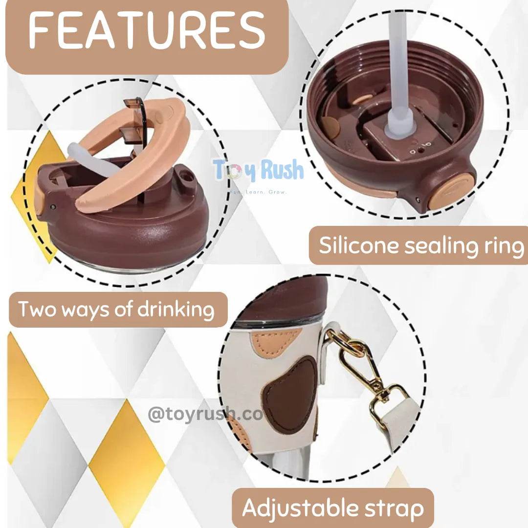 Classy Sipper Bottle with Faux Leather Sleeves, Straw and Strap - Toy Rush