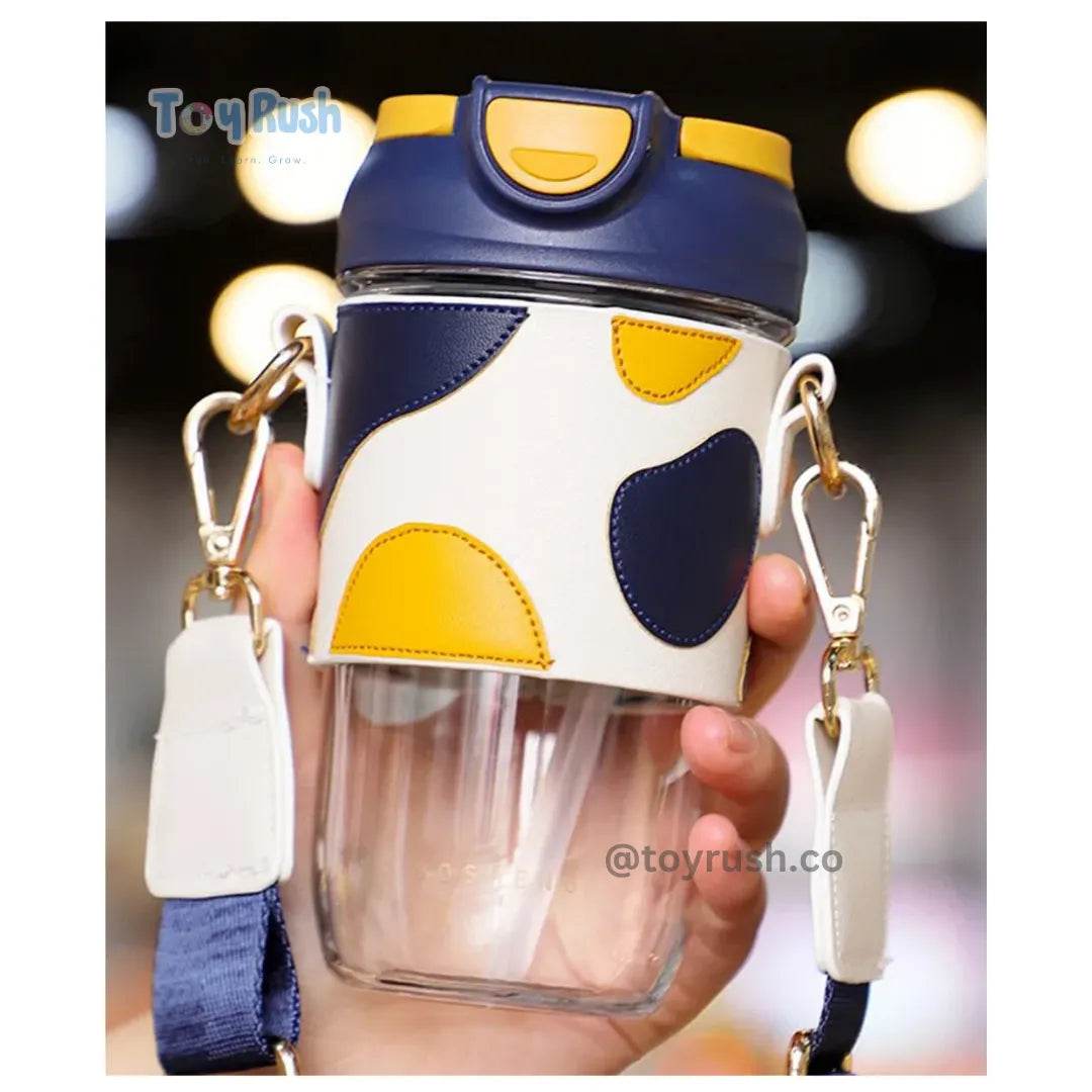 Classy Sipper Bottle with Faux Leather Sleeves, Straw and Strap - Toy Rush