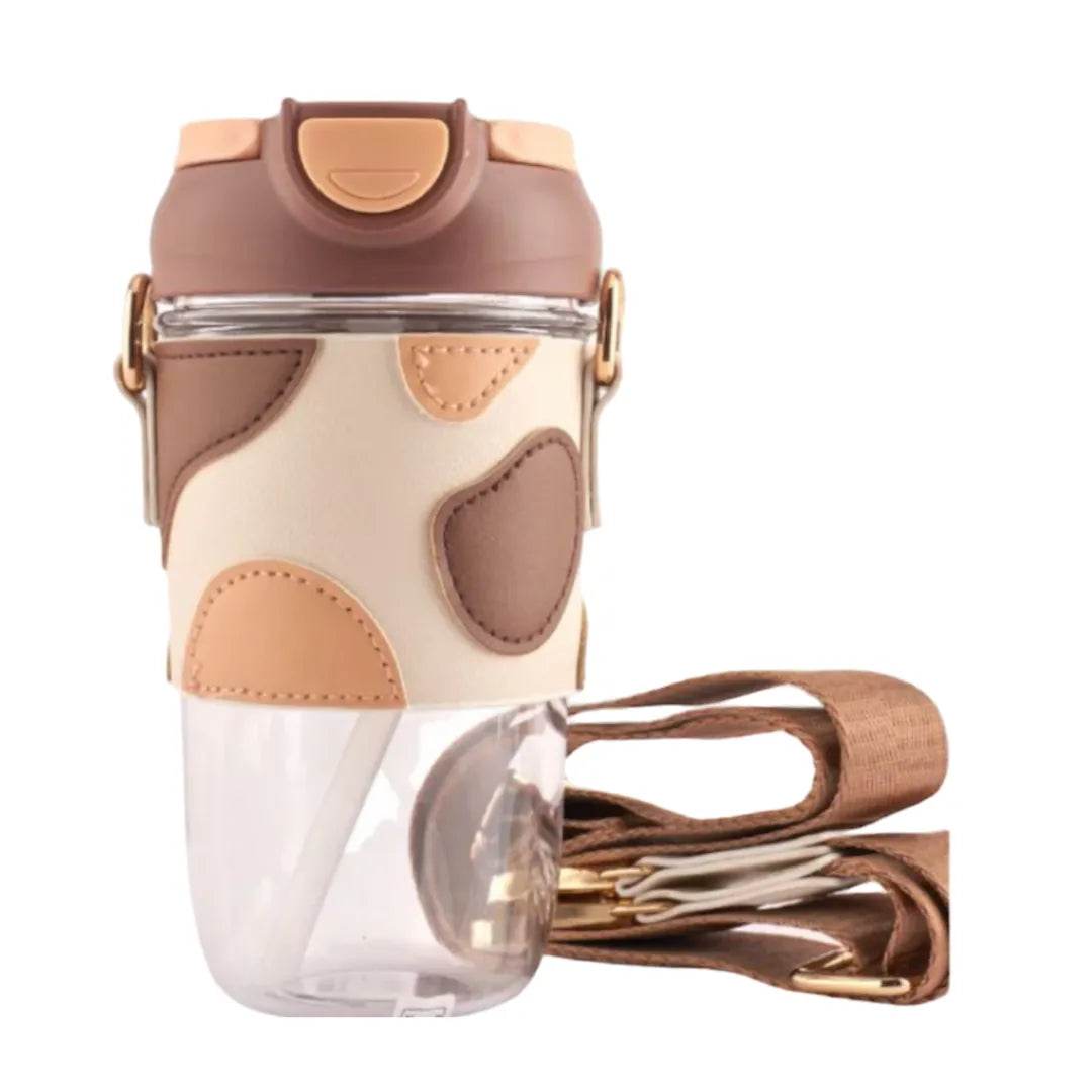 Classy Sipper Bottle with Faux Leather Sleeves, Straw and Strap - Toy Rush