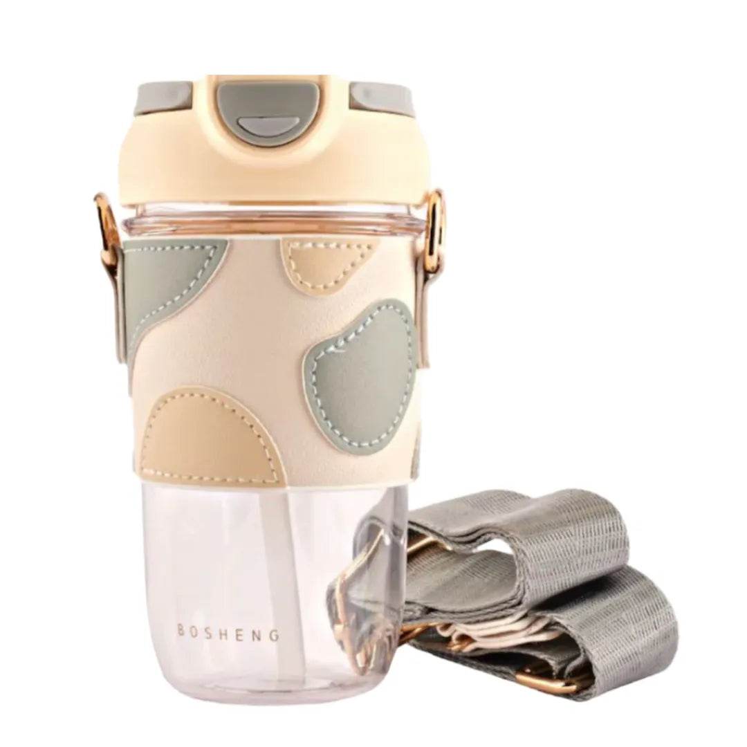 Classy Sipper Bottle with Faux Leather Sleeves, Straw and Strap - Toy Rush