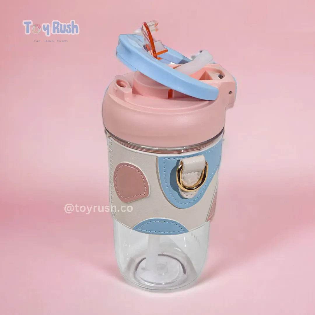 Classy Sipper Bottle with Faux Leather Sleeves, Straw and Strap - Toy Rush