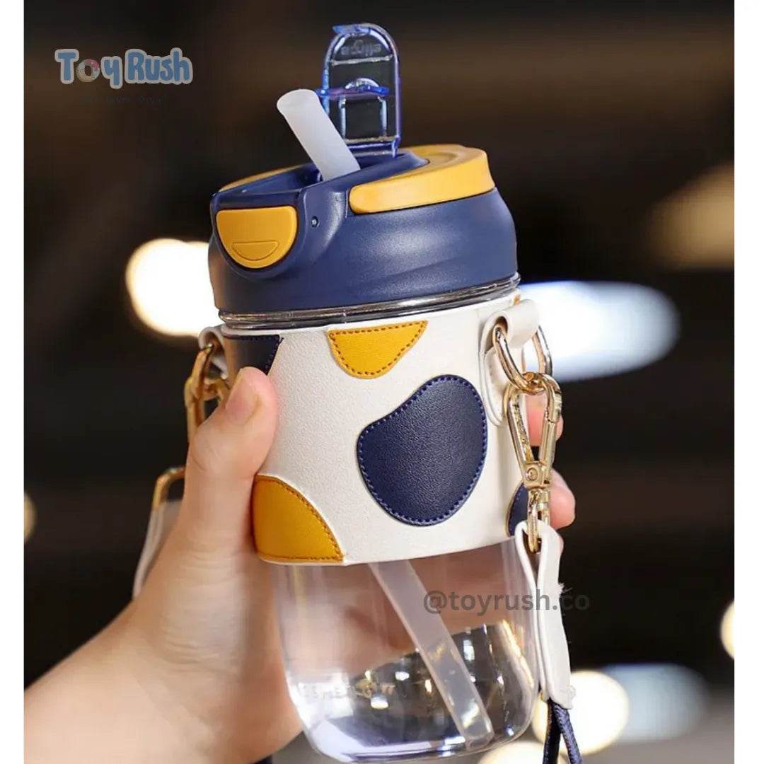 Classy Sipper Bottle with Faux Leather Sleeves, Straw and Strap - Toy Rush