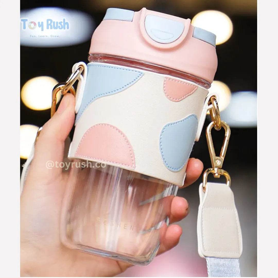 Classy Sipper Bottle with Faux Leather Sleeves, Straw and Strap - Toy Rush
