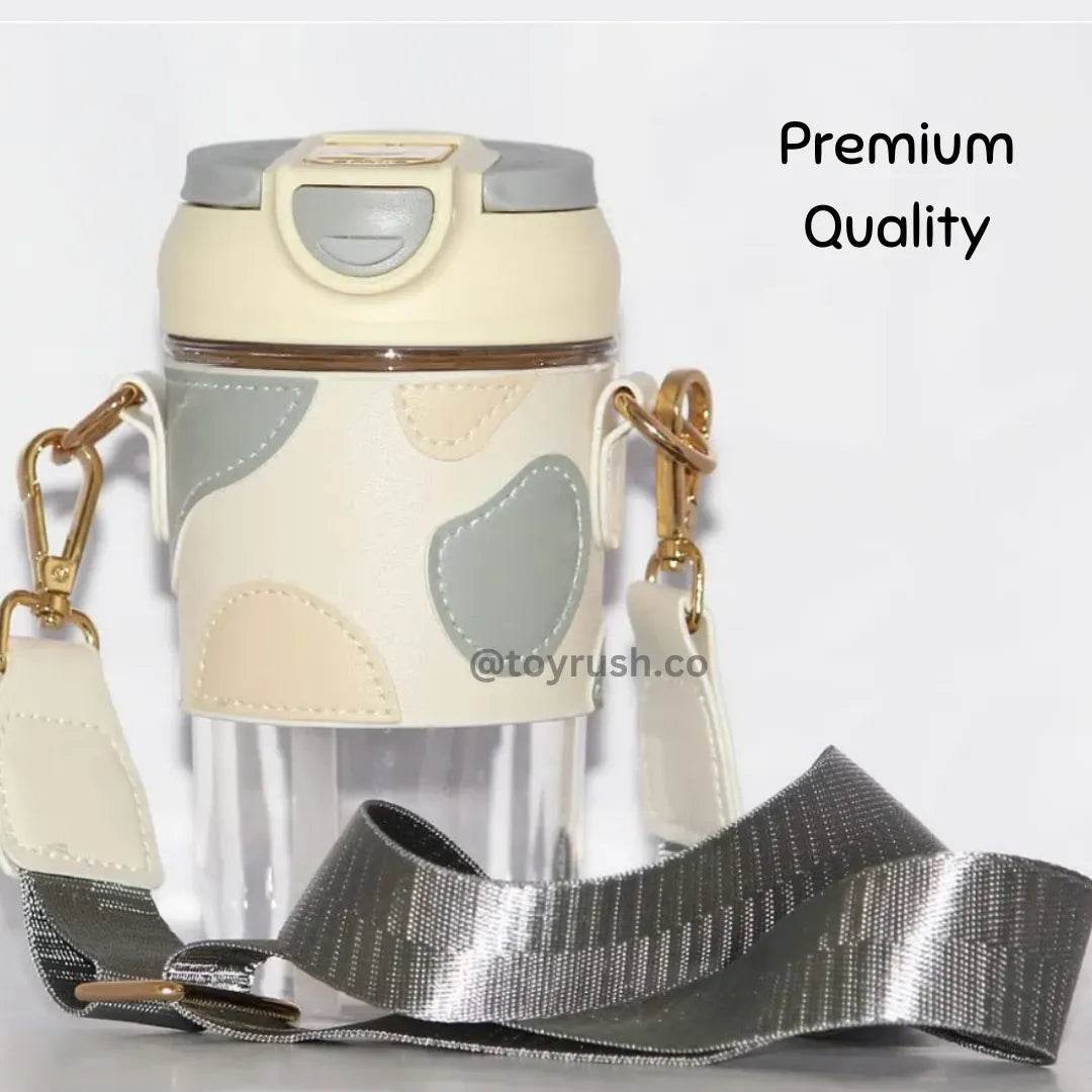 Classy Sipper Bottle with Faux Leather Sleeves, Straw and Strap - Toy Rush