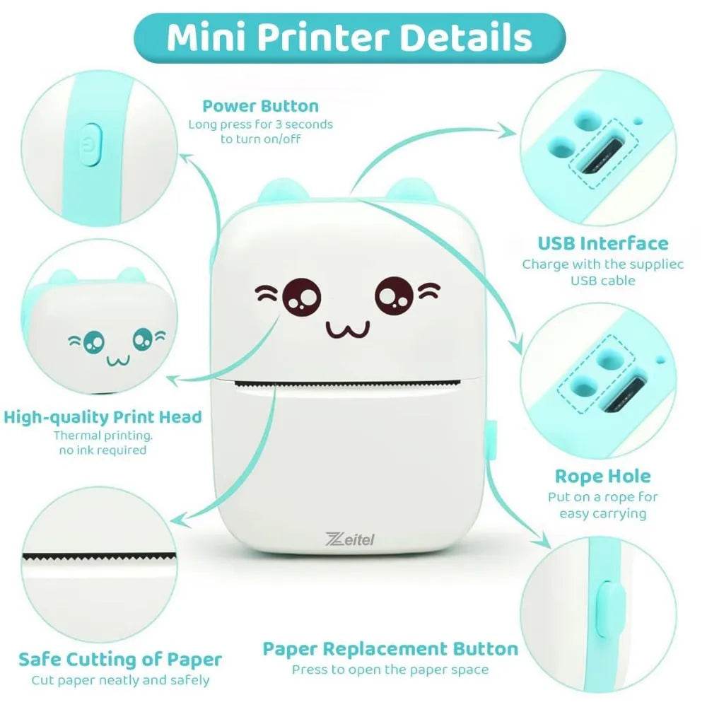 Mini Thermal Printer | Inkless Sticker Printer | Wireless Mini Pocket Printer for Labels, Stickers, Photos, Bookmarks, Cards - Toy Rush