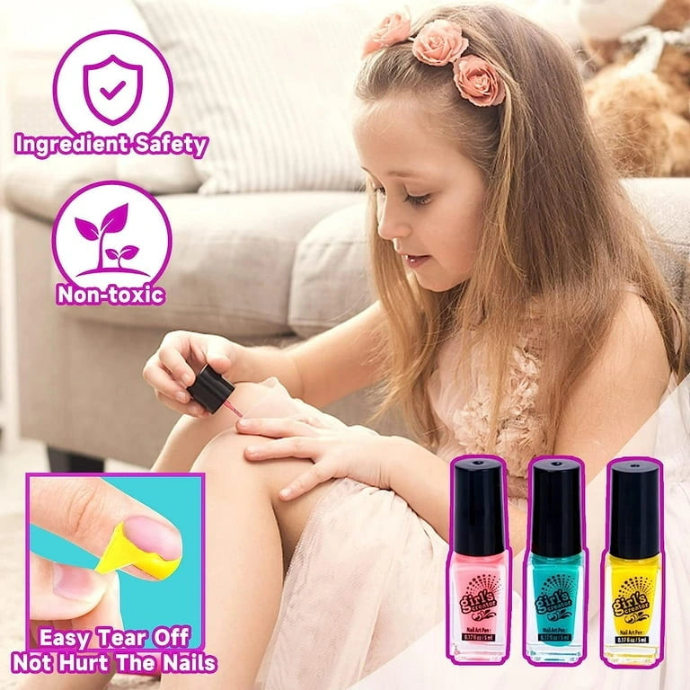 Young girl applying nail polish with product packaging and safety features displayed.