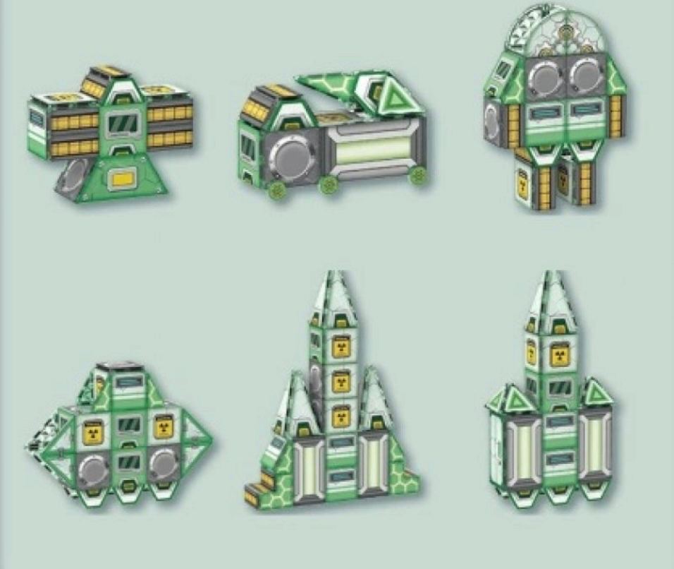 Set of green and gray toy structures on a light blue background