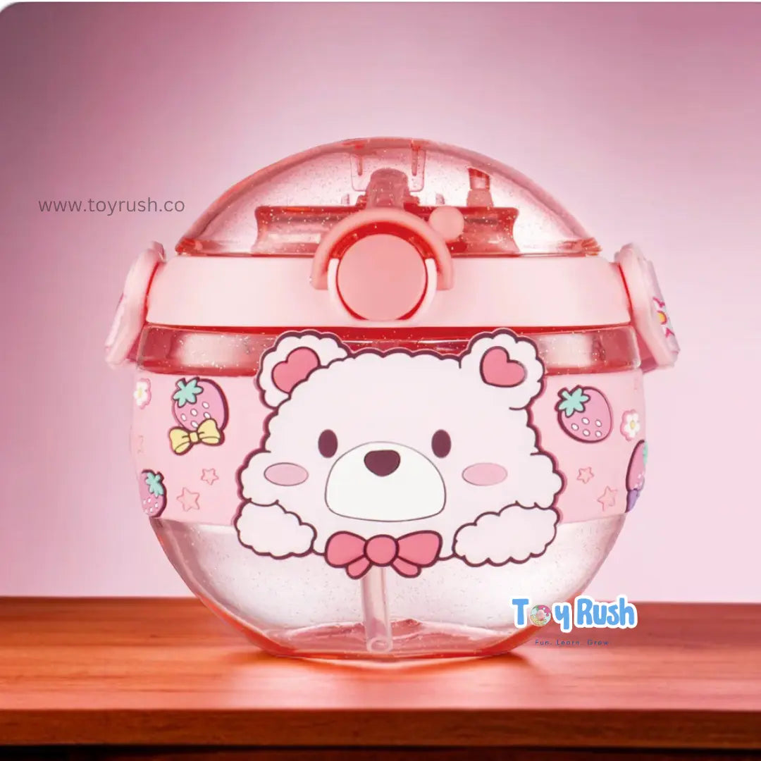 3D Cartoon Round Shape Animal Design Water Bottle Pink Bear