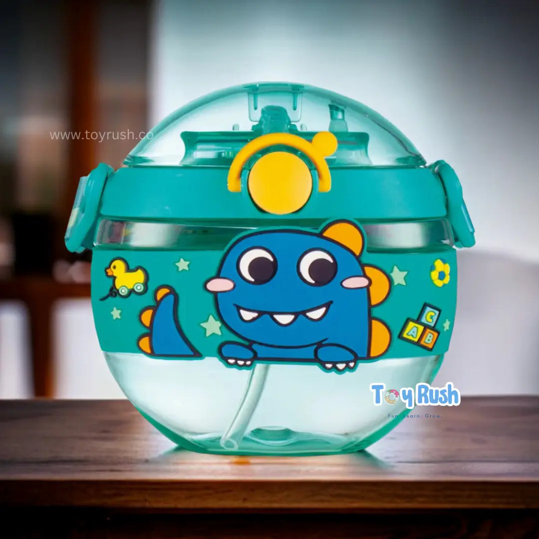 3D Cartoon Round Shape Animal Design Water Bottle Green Dino