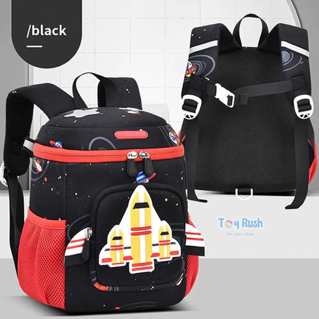 3D Rocket Design Kids School Bags Black