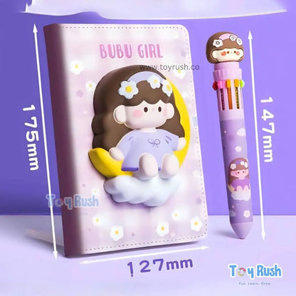 3D Squishy Cartoon Diary and Colourful Pen Set