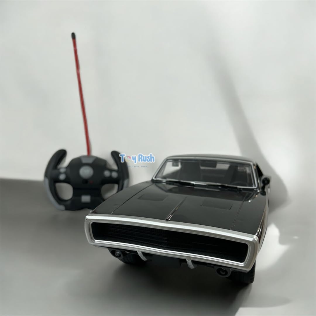 High Speed Toy Muscle Car Fast & Furious 1970 Dodge Rc Car for Boys, Glossy Black 2.4G with Lights and Door Open Feature