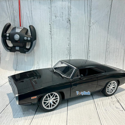 High Speed Toy Muscle Car Fast & Furious 1970 Dodge Rc Car for Boys, Glossy Black 2.4G with Lights and Door Open Feature