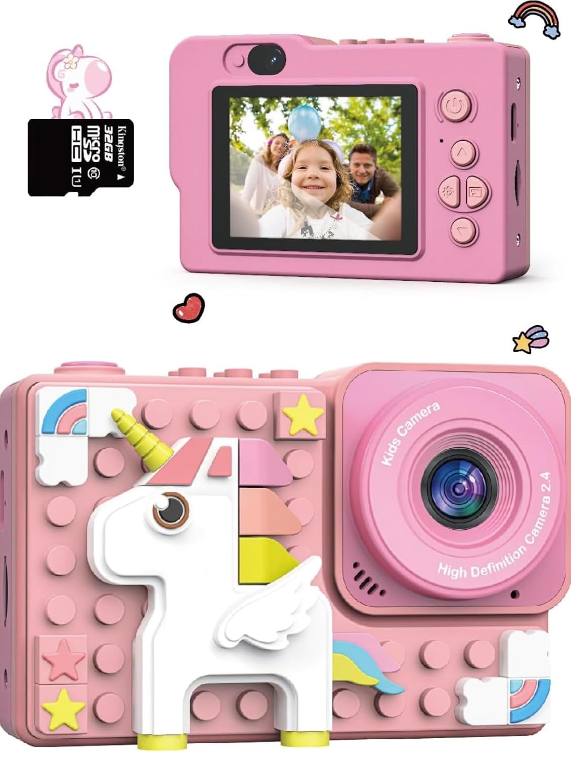 Kids Lego Theme Camera for Girls & Boys 48MP HD Digital Video Camera, Birthday Gifts for 4-10 Years Old Children Unicorn Pink