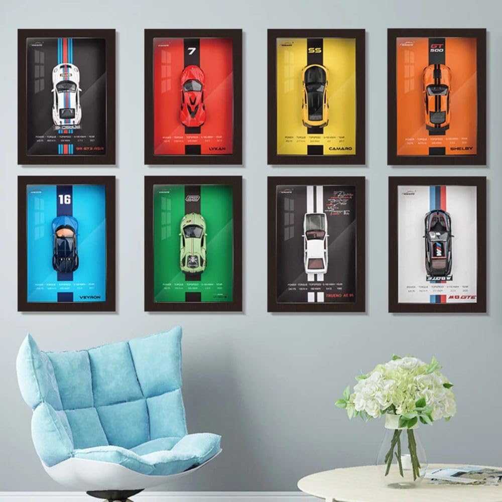 3D Car Frame Wall Art | Wooden Frame with Removable Die-Cast Cars, Lights, Pull-Back Action, Collectible Display for Car Lovers