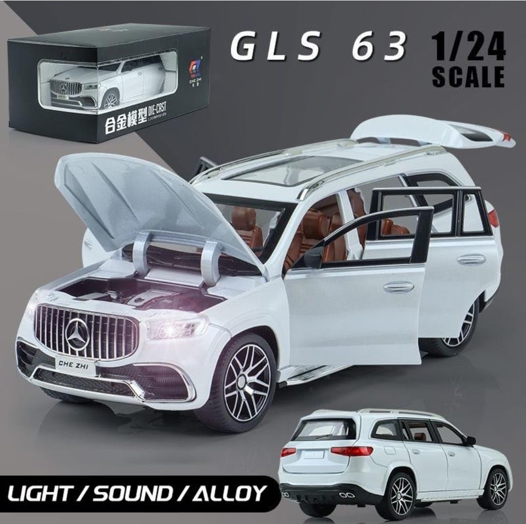 1/24 Mercedes Benz GLS63 AMG Model Car, Zinc Alloy Diecast Pull Back with Light, Sound and openable Doors White