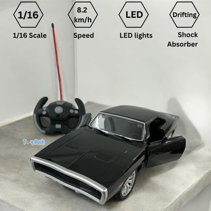 High Speed Toy Muscle Car Fast & Furious 1970 Dodge Rc Car for Boys, Glossy Black 2.4G with Lights and Door Open Feature