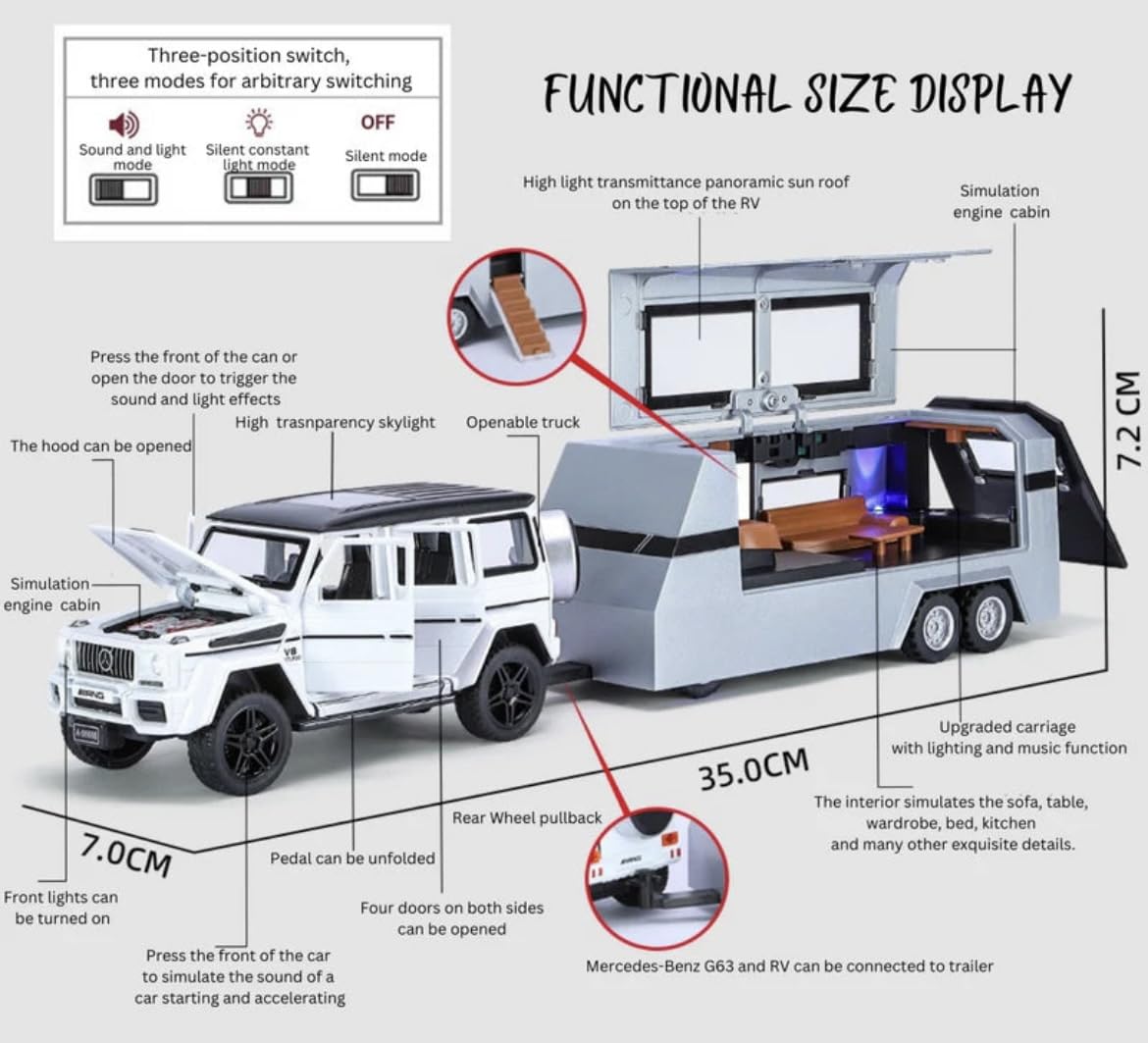 Mercedes-Benz G Wagon with Pick-UP Trailer 1:32 DIECAST Metal Pullback Toy CAR with OPENABLE Doors & Light, Music