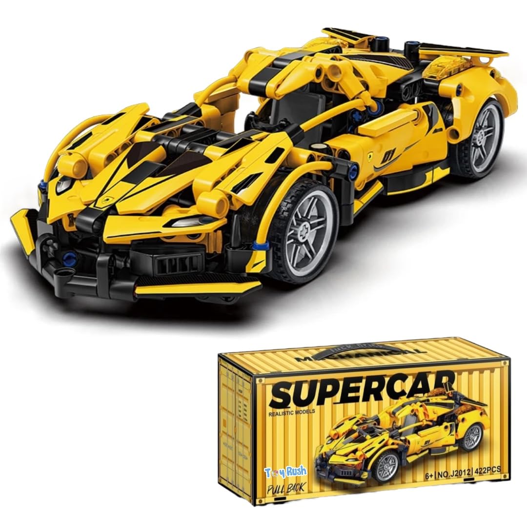 1:18 Scale Pull Back Racing Car Building Block Set | Creative Assembly Toy for Collectors & Enthusiasts | Compatible Brick Model Kit for Racing Fans Yellow Ferrari (422pcs)