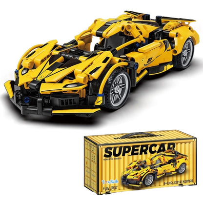 1:18 Scale Pull Back Racing Car Building Block Set | Creative Assembly Toy for Collectors & Enthusiasts | Compatible Brick Model Kit for Racing Fans Yellow Ferrari (422pcs)