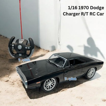 High Speed Toy Muscle Car Fast & Furious 1970 Dodge Rc Car for Boys, Glossy Black 2.4G with Lights and Door Open Feature