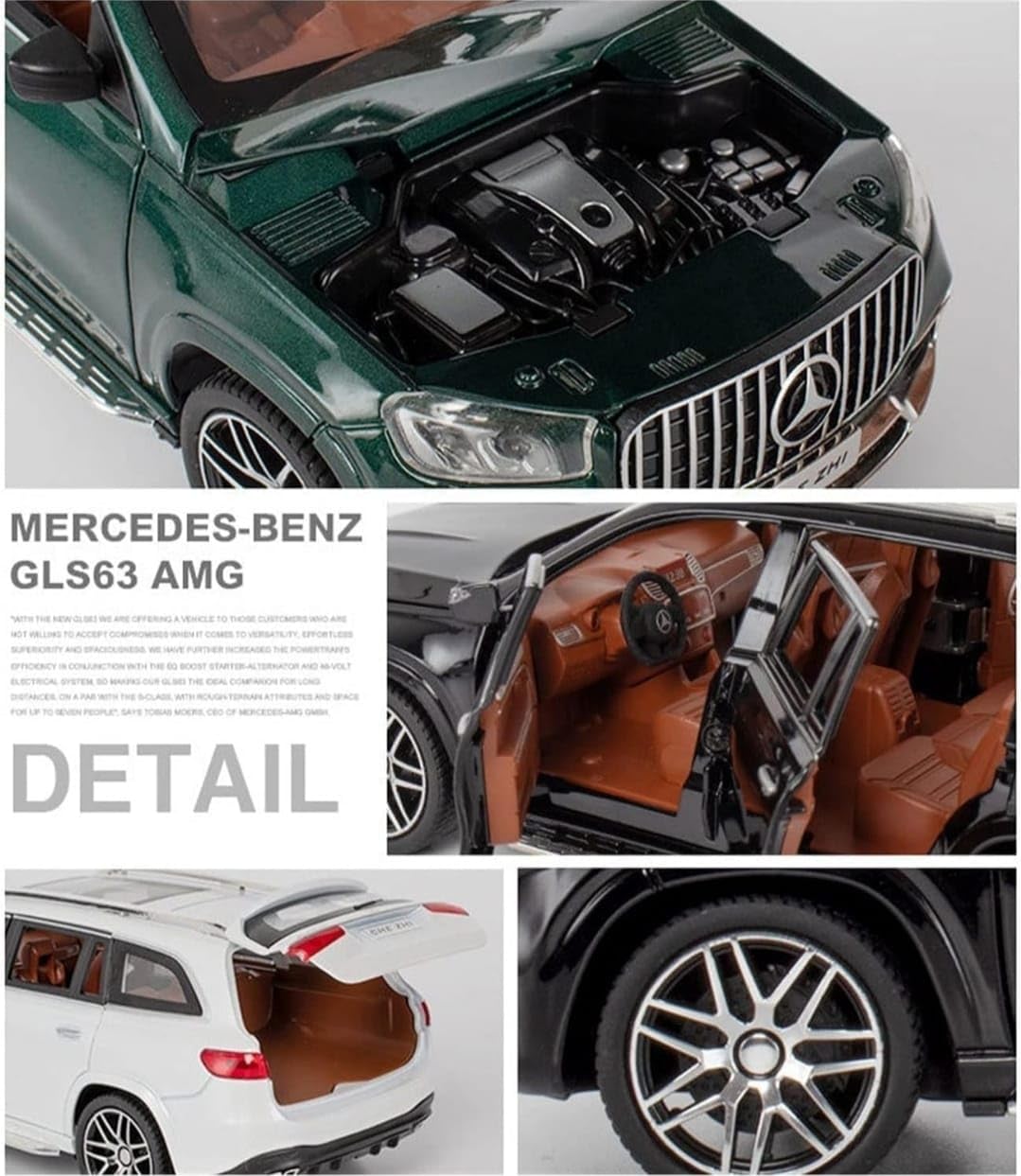 1/24 Mercedes Benz GLS63 AMG Model Car, Zinc Alloy Diecast Pull Back with Light, Sound and openable Doors