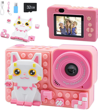 Kids Lego Theme Camera for Girls & Boys 48MP HD Digital Video Camera, Birthday Gifts for 4-10 Years Old Children Cat Pink