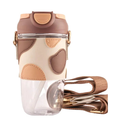 Classy Sipper Bottle with Faux Leather Sleeves, Straw and Strap