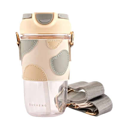 Classy Sipper Bottle with Faux Leather Sleeves, Straw and Strap