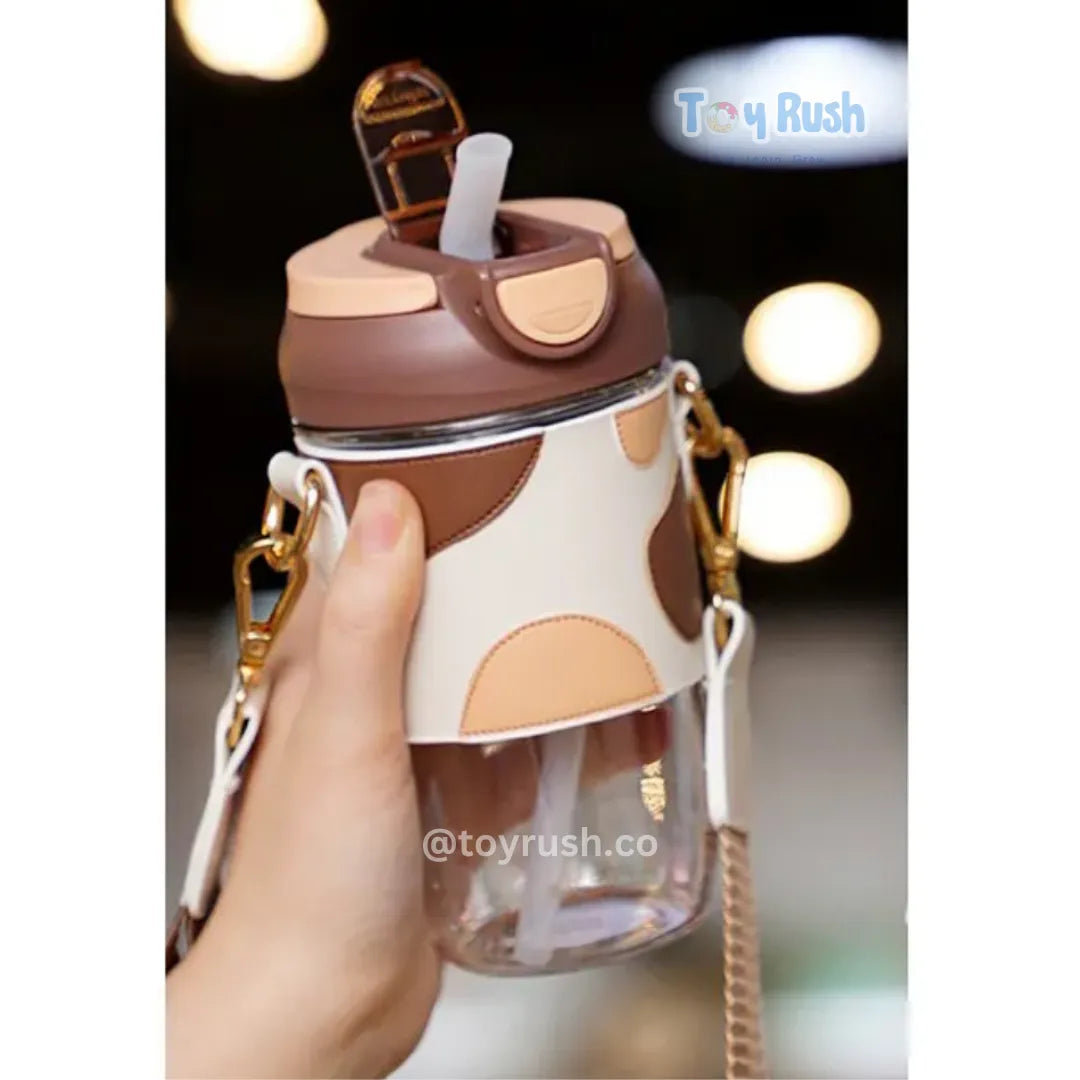 Classy Sipper Bottle with Faux Leather Sleeves, Straw and Strap Brown