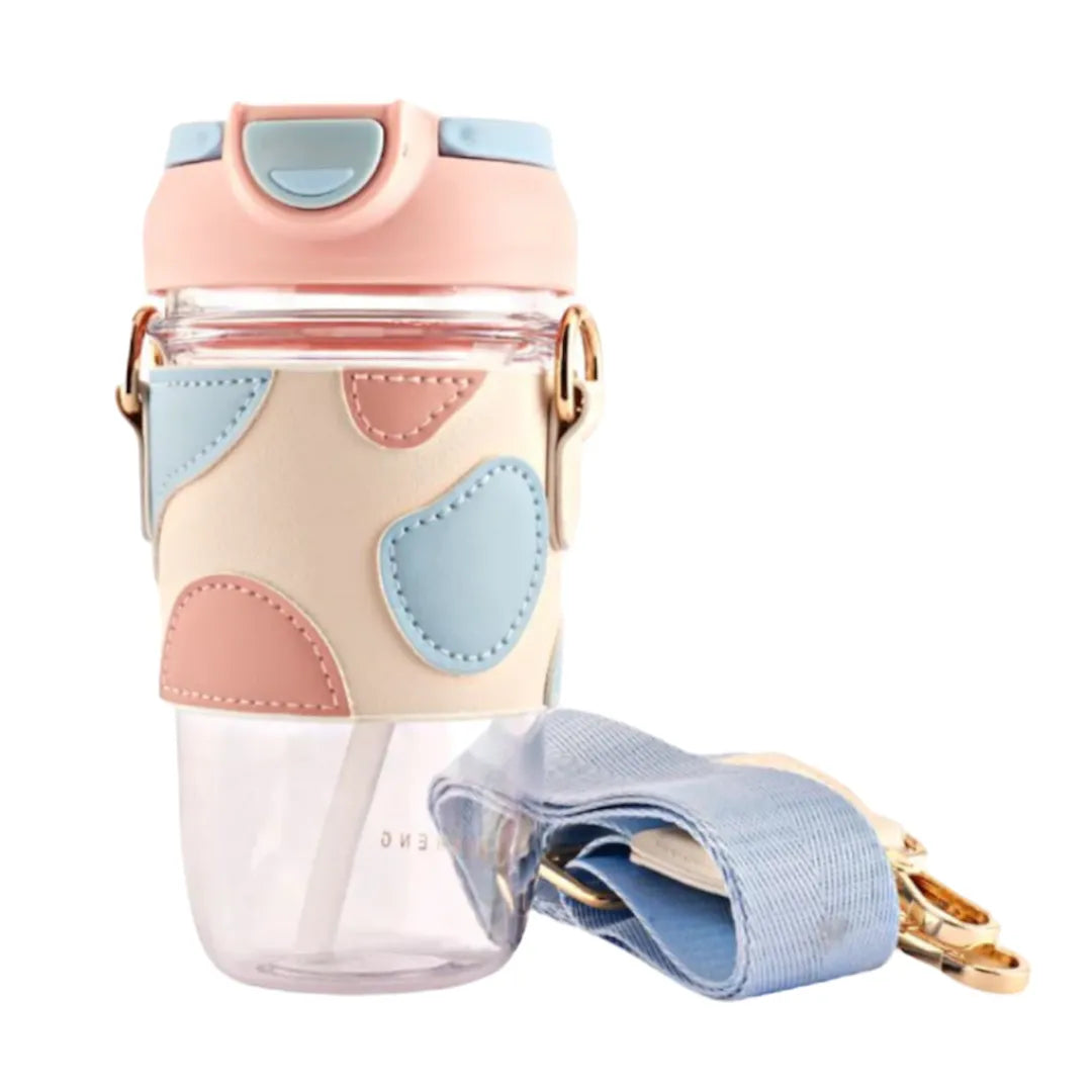 Classy Sipper Bottle with Faux Leather Sleeves, Straw and Strap