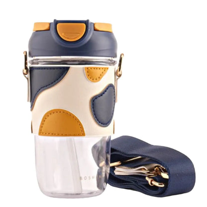 Classy Sipper Bottle with Faux Leather Sleeves, Straw and Strap