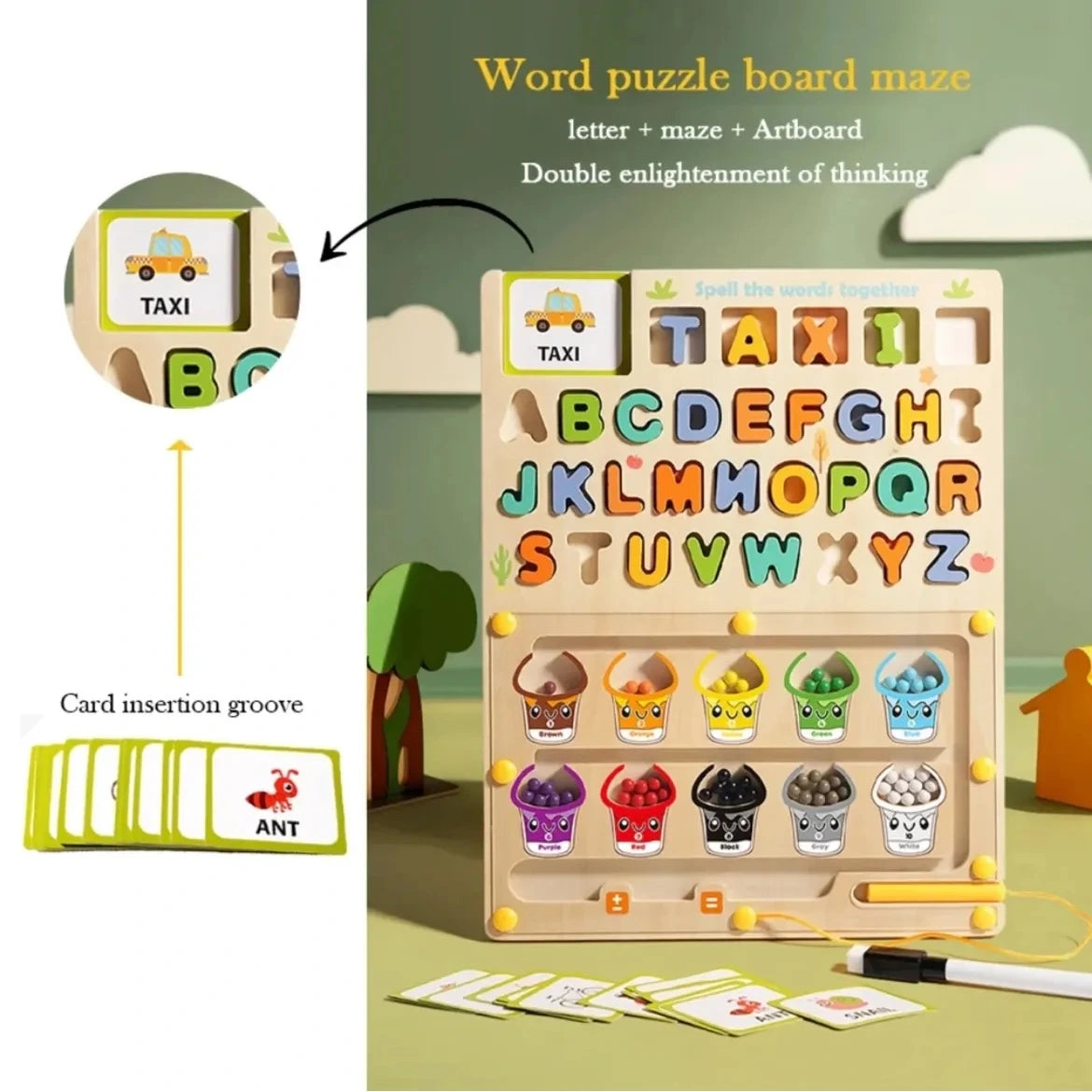 Wooden Spelling & Color Maze Board for Kids | Double Sided With White Board | Alphabet and Word Learning Educational Toy