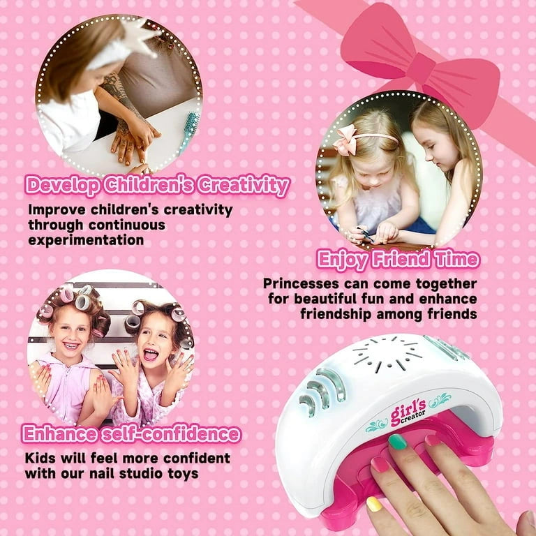 Nail art station for children with text on a pink background