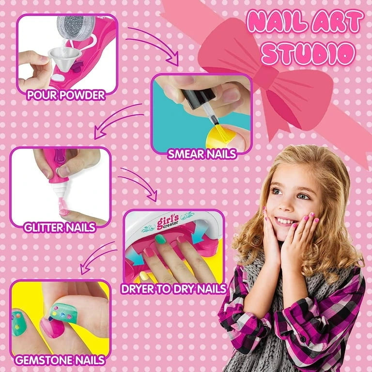 Children's nail art set with step-by-step instructions and a girl modeling the product on a pink polka dot background.