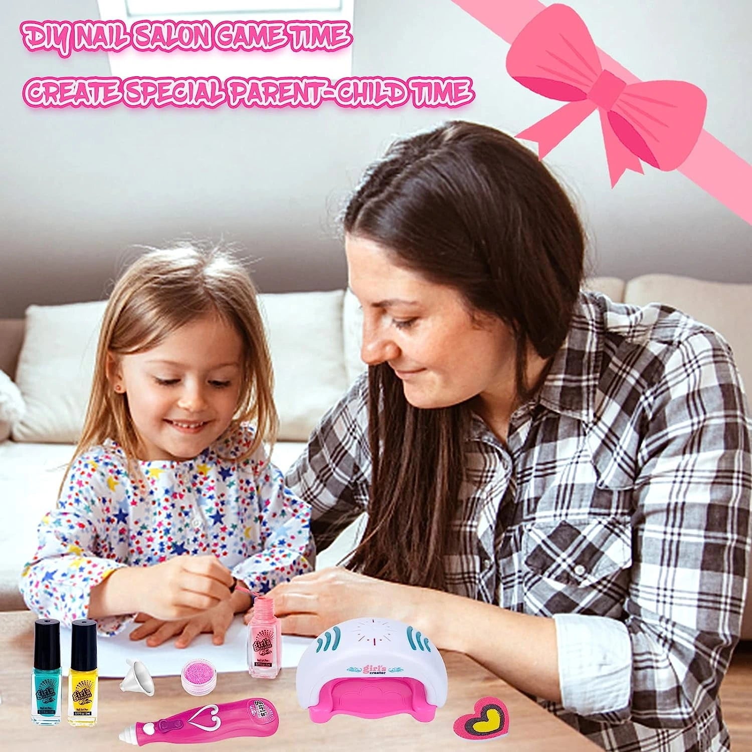 Parent and child enjoying DIY nail salon game