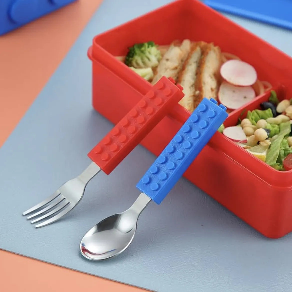 LEGO Style Lunch Box with Spoon & Folk Set – Fun & Colorful Bento Box for Kids