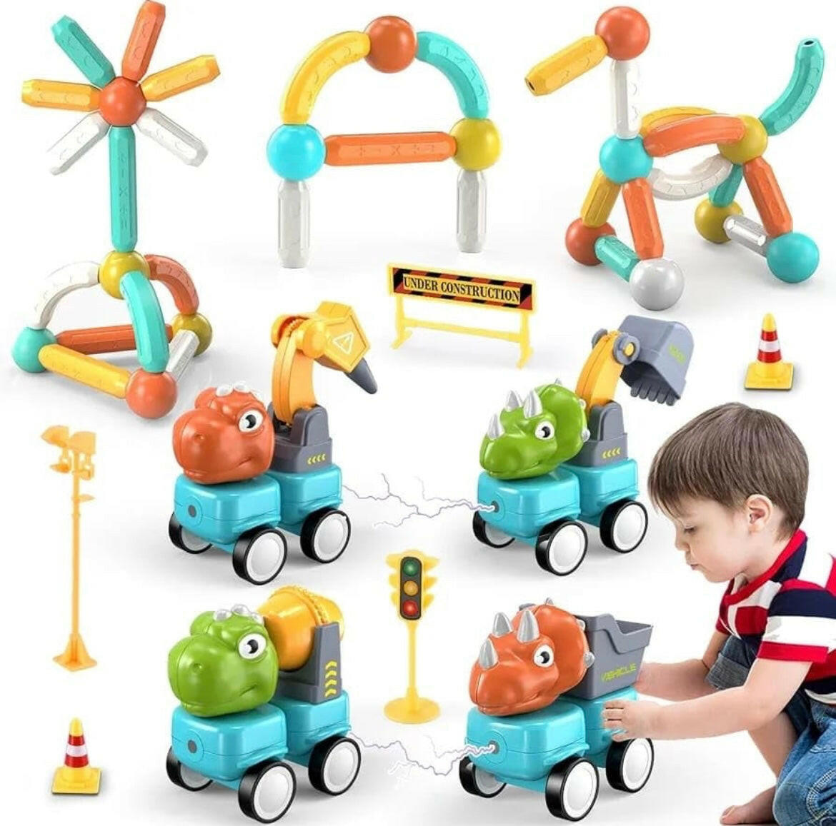 Magnetic Building Blocks with Dinosaur Car Preschool Learning Toys (58PCS)