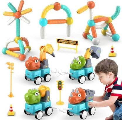 Magnetic Building Blocks with Dinosaur Car Preschool Learning Toys (58PCS)